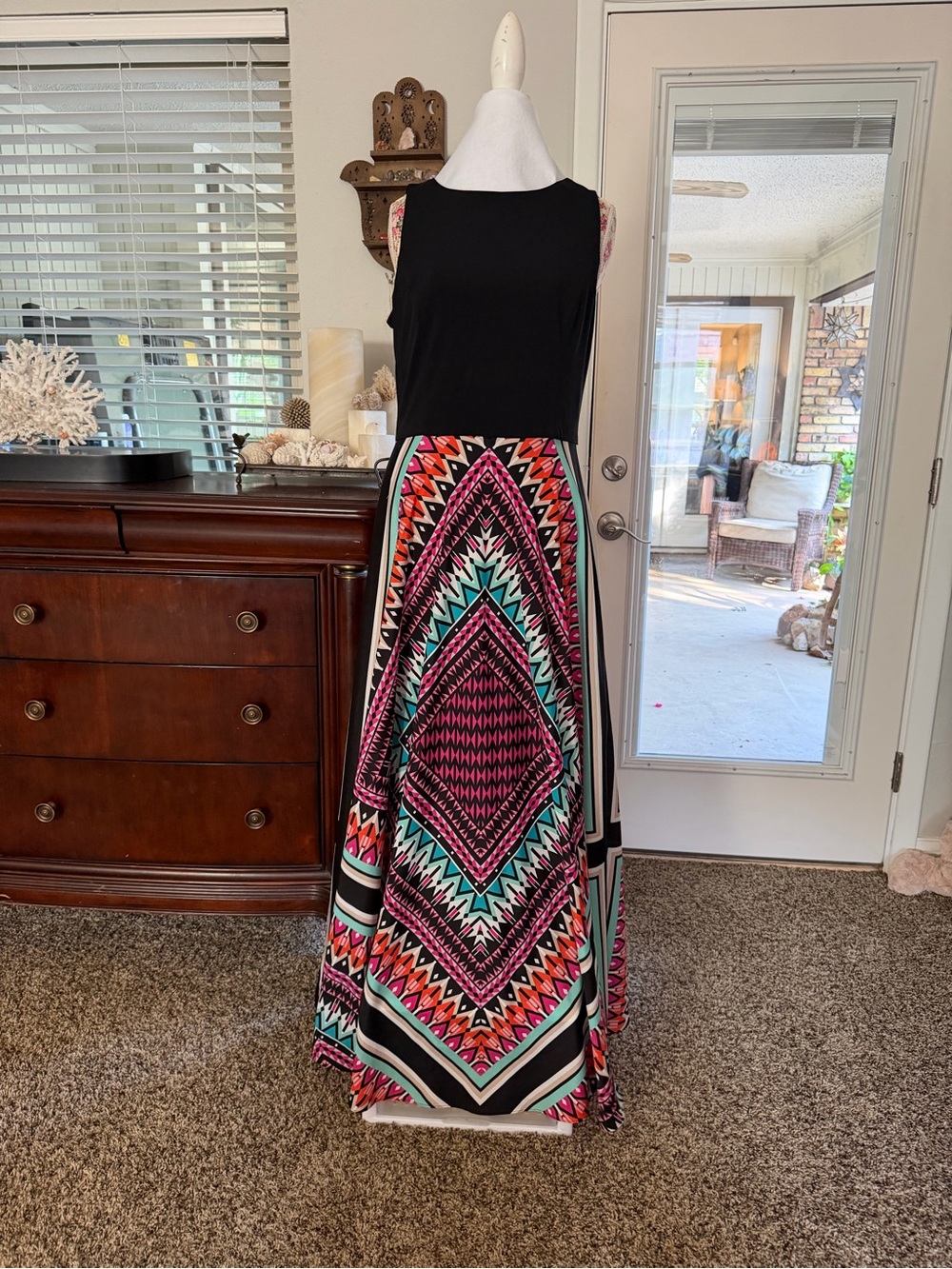 Eliza J Black Bodice Maxi Dress with Pink Teal Geometric Skirt